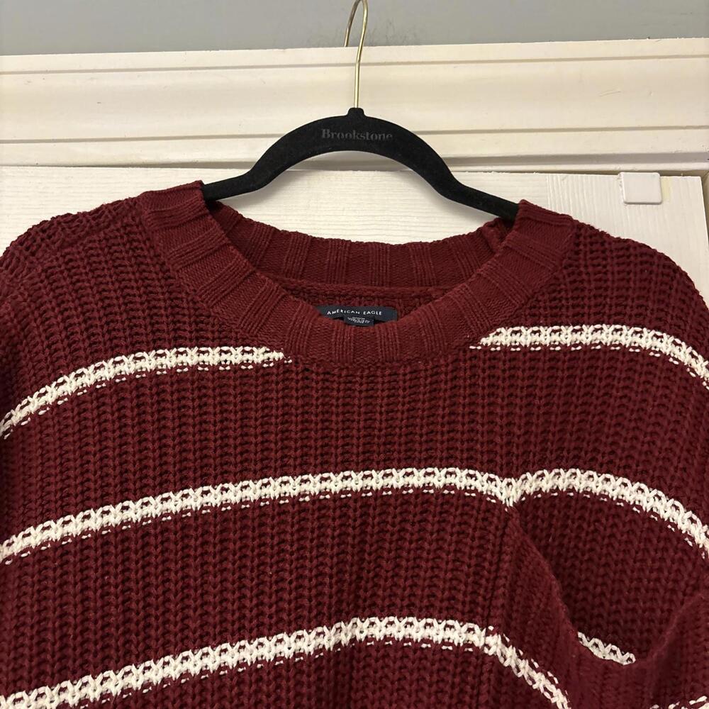 American Eagle Outfitters Sweater Womens Medium Maroon White Striped Knit Cotton - Picture 3 of 6
